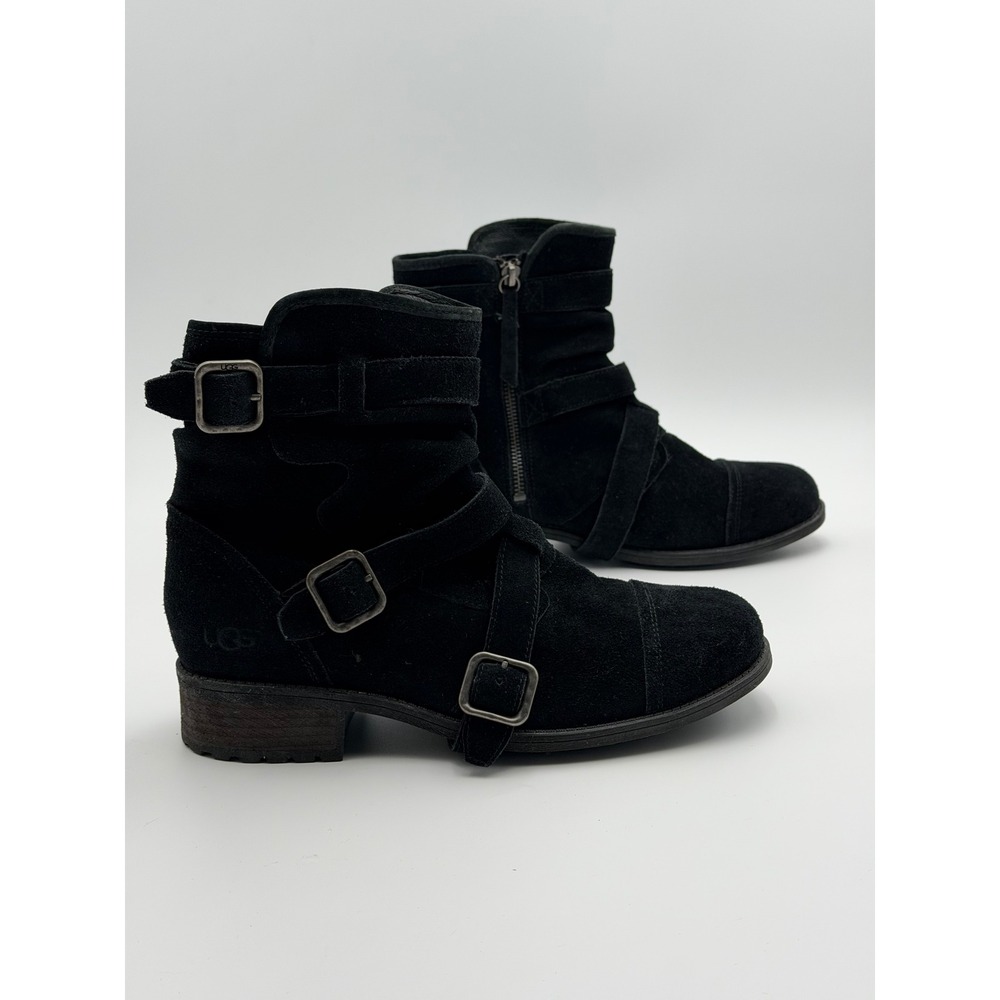 UGG Elora Womens 9.5 Black Nubuck Leather Buckle Strap Ankle Boots Moto Heel